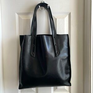 Black leather Admonish Brand tote. Handmade.